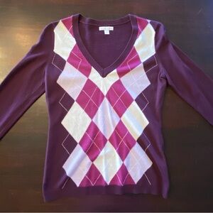 New York & Company V-Neck Argyle Sweater - Burgundy and Pink